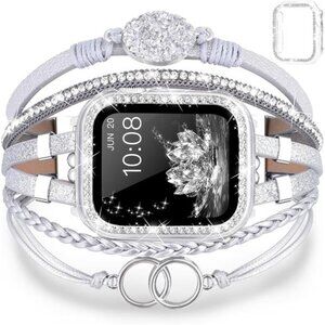 NEW Silver Boho Leather Bracelet Watch Band with Bling case